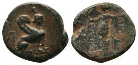 PAMPHYLIA. Perge. Ae (Circa 260-230 BC). Obv: Sphinx seated right, wearing kalathos. Rev: ИANAΨAΣ / ΠPEIIAΣ. Artemis standing left, holding wreath and...