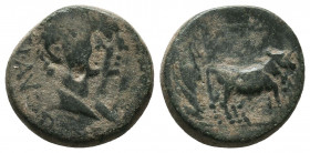 MACEDON. Philippi. Tiberius (14-37). Ae.
Obv: TI AVG DRVSVS CAESAR.
Jugate heads of Tiberius and Drusus right.
Rev: Foundation scene: Two priests p...