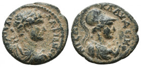 LYCAONIA. Iconium. Hadrian (117-138). Ae.
Obv: ΑΔΡΙΑΝΟС ΚΑΙСΑΡ.
Laureate, draped and cuirassed bust of Hadrian right.
Rev: ΚΛΑVΔЄΙΚΟΝΙЄωΝ.
Helmete...