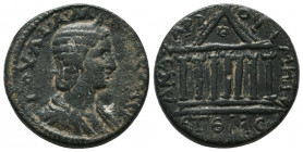 CILICIA, Anazarbus. Julia Mamaea. Augusta, AD 222-235. Æ Tetrassarion. Dated CY 249 (AD 230/1). Draped bust right, wearing stephane / Nonastyle temple...
