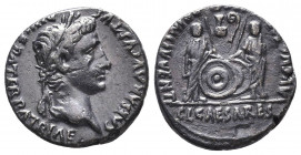 Augustus (27 BC - 14 AD). AR Denarius. Lugdunum, c. 2-1 BC.
Obv. CAESAR AVGVSTVS DIVI F PATER PATRIAE, laureate head to right.
Rev. AVGVSTI F COS DE...