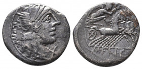 L. Cosconius, L. Licinius and Cn. Domitius AR Serrate Denarius. Narbo, 118 BC. Helmeted head of Roma right, X behind, L • COSCO • M • F around / Warri...