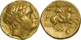 ANCIENT GREECE
Kingdom of Macedonia, Demetrios I (306-283 BC), AV Stater ( 8.5g), uncertain mint on Euboea
Diademed and horned head of Demetrios I r...