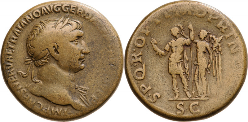 ROMAN EMPIRE
Trajan (98-117), AE Sestertius, Rome, AD 105-111.
MP CAES NERVAE ...