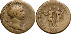 ROMAN EMPIRE
Trajan (98-117), AE Sestertius, Rome, AD 105-111.
MP CAES NERVAE TRAIANO AVG GER DAC P M TR P COS V P P, laureate bust right / SPQR OPT...