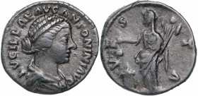 ROMAN EMPIRE
Lucilla (163-181 AD), AR Denarius (3.23g), Rome
LVCILLAE AVG ANTONINI AVG F, draped bust right / VESTA, Vesta standing left holding sim...