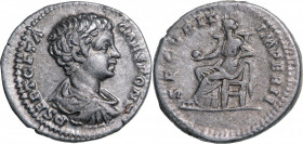 ROMAN EMPIRE
Geta (198-209 AD), AR Denarius (3.37g), struck 200-202 AD, Rome
P SEPT GETA CAES PONT, draped and cuirassed bust right / SECVRIT IMPERI...