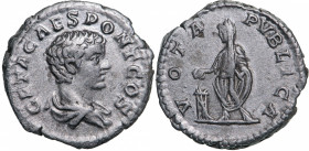 ROMAN EMPIRE
Geta (198-209 AD), AR Denarius (2.94g), struck 205 AD, Rome
GETA CAES PONT COS, draped bust right / VOTA PVBLICA, Emperor standing left...
