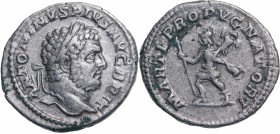 ROMAN EMPIRE
Caracalla (198-217), AR Denarius (2.9 g), Rome
ANTONINVS - PIVS AVG BRIT Laureate head right/ MARTI PROPV-GNATORI Mars walking left hol...