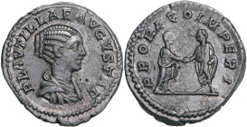 ROMAN EMPIRE
Plautilla (202-205 AD), AR Denarius (3.28g), Rome
PLAVTILLAE AVGVSTAE, draped bust right / PRAPAGO IMPERI, Plautilla and Caracalla shak...