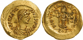 BYZANTINE EMPIRE
Anastasius I (491-518), Tremissis Gold (1.49) g, Constantinopolis. 
D N ANASTASIVS P P AVG Pearl-diademed, draped and cuirassed bus...