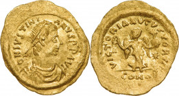 BYZANTINE EMPIRE
Justinian I (527-565), Tremissis s, Gold (1.42 g), Constantinople. 
D N IVSTINIANVS P P AVI, pearl-diademed, draped and cuirassed b...