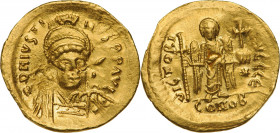 BYZANTINE EMPIRE
Justinian I (527-565), Solidus struck 527-538, Gold (4.2 g), Constantinople. 
 D N IVSTINIANVS P P AVG, pearl-diademed, helmeted an...