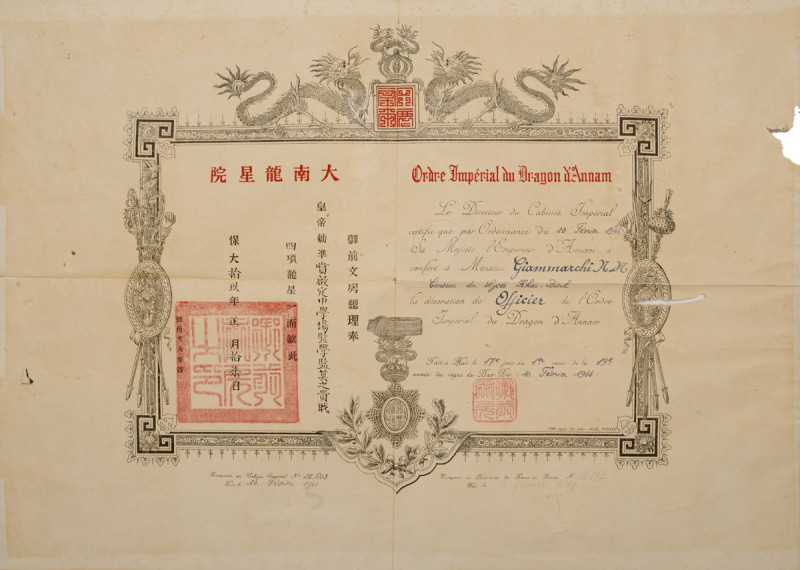 ANNAM
ORDER OF THE DRAGON OF ANNAM
Officer's Cross, 4th Class, awarding docume...