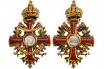 AUSTRIA
The Imperial Order of Franz Joseph
Miniature of the Order’s badge in GOLD and enamels, 30x18 mm, separately made medallions and “chain” bear...