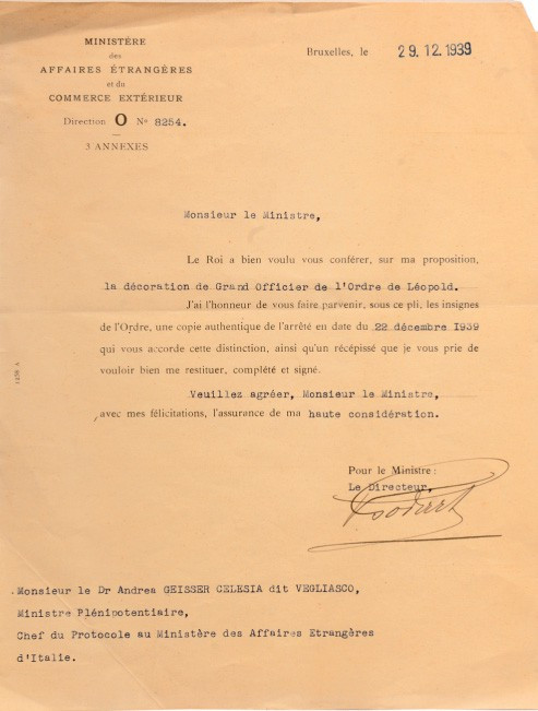 BELGIUM
ORDER OF LEOPOLD 
Announcing Letter for a Grand Officer`s Set of the O...