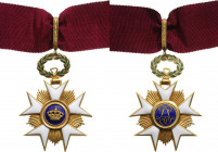 BELGIUM
ORDER OF THE CROWN 
Commander`s Cross, 3rd Class, instituted in 1897. Neck Badge, 87x55 mm, Bronze gilt, both sides enameled, both central m...