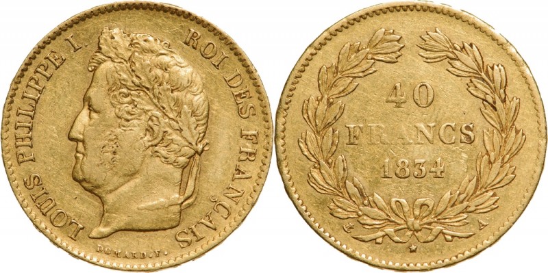 FRANCE
Louis Philippe I (1830-1848) 40 Francs 1834 A
Gold (12.87 g). KM 747. V...