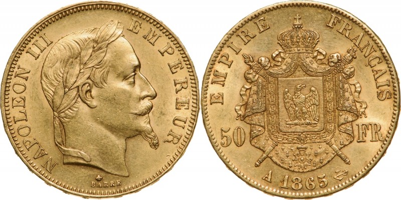 FRANCE
Napoleon III (1852-1870) 50 Francs 1865 A
Gold (13.12 g). KM 801.1. Alm...