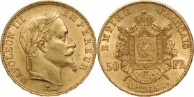 FRANCE
Napoleon III (1852-1870) 50 Francs 1865 A
Gold (13.12 g). KM 801.1. Almost UNC, a splendid coin!
Estimate: EUR 1000 - 2000