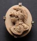 FRANCE
Lava stone cameo brooch about the goddess Minerva in relief profile
Oval form, France circa 1900. Dimensions 30 x 24 mm. Good condition 
Est...