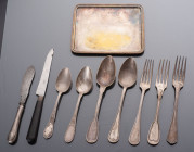 FRANCE
Cutlery set 
Metal part of table cutlery set made consisting of 3 forks, 4 spoons, 1 knife horn handle, 1 fish knife, as well as a metal mail...