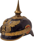 GERMANY - BADEN
Officer Reserve Infantry Pickelhaube Model 1895. 
Black leather with brass gilted ornaments. Round spike base, with removable spike....