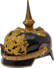 GERMANY - BAYERN
Bavarian Officer Pickelhaube, Model 1914. 
Black leather with brass gilted ornaments. Cruciform spike base, with removable spike. V...