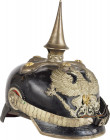 GERMANY - PREUSSEN
WW1 Imperial German Prussia Dragoon Pickelhaube Md 1897
Black leather with brass silvered ornaments. The front plate, has a crown...