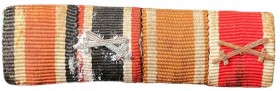 GERMANY - 3RD REICH
Ribbon Bar of 4 Ribbons
61x18 mm. Iron Cross, War Cross with swords, West Wall Medal, Romanian Order of the Star, Military. Hori...