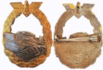 GERMANY- 3RD REICH
Kriegsmarine Schnellboot War Badge, Type I, instituted in 1941
Breast Badge, 57x43 mm, gilt Zinc, French War Time production, hor...