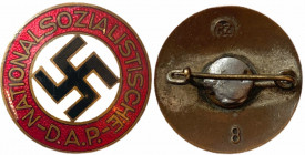 GERMANY- 3RD REICH
NSDAP Membership Badge
Breast Badge, 23 mm, Bronze, enameled, maker`s mark "RZM" and number "8", horizontal pin on reverse. I 
E...