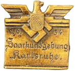 GERMANY- 3RD REICH
Saarkundgebung Karlsruhe 1934 Badge
Breast Badge, 37x37 mm, Brass, horizontal repaired fixation pin on the back . II 
Estimate: ...