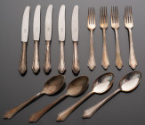GERMANY
Cutlery set 
Set in metal, part of service composed of 4 forks, 4 spoons and 5 knives, model with spatula tip in clover. Circa 1940, Germany...
