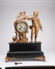 GERMANY
Important mantel clock
Four bronze feet molded, marble plating base, large subject of a hunter and attributes in gold resin. Double digit di...