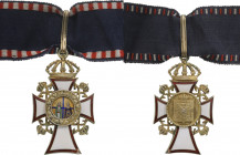 GREECE
FAMILY AND DYNASTIC ORDER OF ST. GEORGE AND CONSTANTINE
Commander`s Cross. Neck Badge, 37 mm, gilt Silver, enameled(minor chips) painted cent...