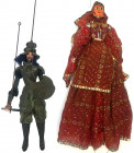 INTERNATIONAL
Lot of 2 large puppets of traditional theater 
1. A tall elegant woman (courtesan?) in red costume cloth on wooden frame, height 77 cm...