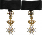 MALTA
THE SOVEREIGN MILITARY ORDER OF MALTA
Donat Cross with Military Trophy, 1st Class. Neck Badge, 107x34 mm, gilt Silver, both sides enameled, or...