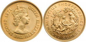 MAURITIUS
Comemorative 200 Rupees 1971
Gold (15.56 g). KM 39. UNC 
Estimate: EUR 750 - 1500