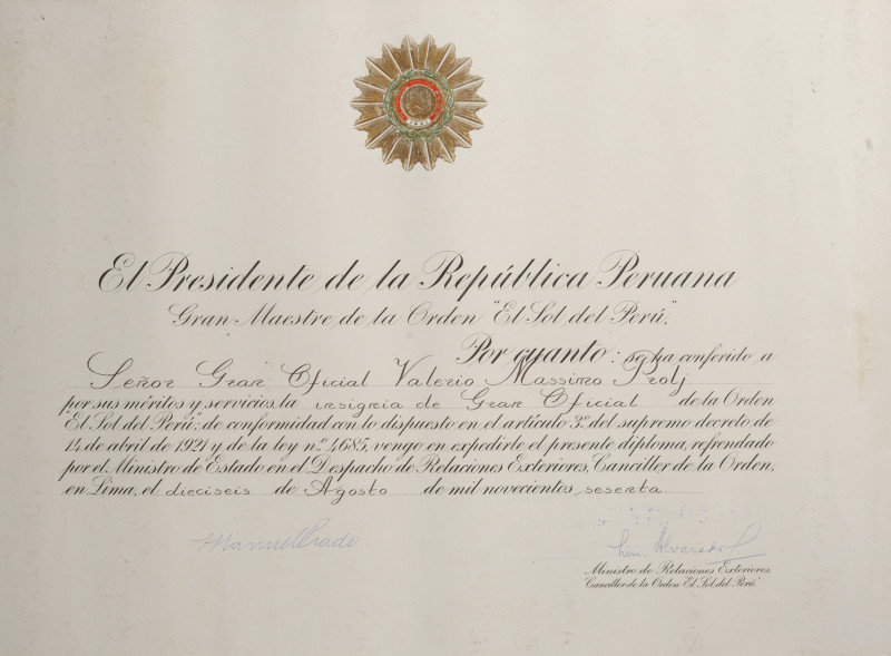 PERU
ORDER OF THE SUN OF PERU
Grand Officer`s Awarding Document, instituted in...