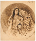 RUSSIA
Black watercolor on paper
Circular view representing "Characters and an animal head", subject of a popular tale, monogram "E" of Nikolai Ludw...
