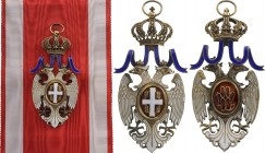 SERBIA
ORDER OF THE WHITE EAGLE
Grand Cross Badge insituted in 1915. Sash Badge, 90x45 mm, gilt Silver, hallmarked, white enameled, oval centre meda...