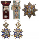SERBIA
Order of St. Sava 
A 1st Class Set of the of the 3rd Type, awarded after 1903: sash badge, 85x50 mm, in gilt Silver, with white enameled, blu...