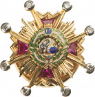 SPAIN
ORDER OF ISABELLA THE CATHOLIC
A jeweled miniature of the Order in GOLD, 20 mm, the arms set with cut rubies and the ball finials, with tiny b...