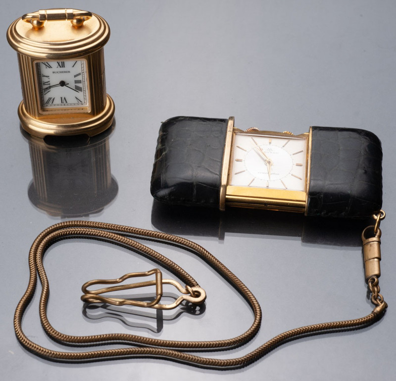 SWITZERLAND
Lot of 2 watches
Fun travel alarm clock, slide model, gilded bronz...