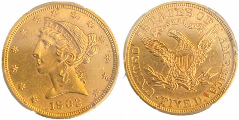 USA
5 Dollars 1902
Gold. KM 101. PCGS MS 62+ 
Estimate: EUR 700 - 1400