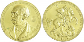 Bronzemedaille, 1895
Deutschland, Kaiserreich nach 1871. vergoldet, von F. Schaper, auf den 80. Geburtstag des Reichsgründers Fürst Otto von Bismarck,...