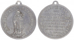Franz Joseph I. 1848 - 1916
Wallfahrtsmedaille, 1888. Zink, auf die Hl. Clara 1838-1888, Dm 31 mm, mit original Öse.
12,57g
vz