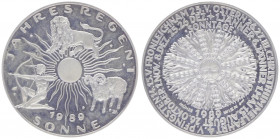 Silbermedaille, 1989
der Jahresregent Sonne, Kalendermedaille, von der Münze Wien, Dm 41 mm.. Wien
25,79g
PP