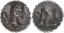 L. Roscius Fabatus
Römisches Reich - Republik. Denar, 62 BC. Av. Kopf der Juno Sospita mit Ziegenfell nach rechts Rv. Mädchen nach rechts stehend, dav...